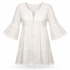 Ashley Taylor White Eyelet Cotton Boho Tunic Dress XL Bell Sleeve Fringe Tassel